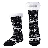 WOTENCE Herren Warme Dicke Wintersocken Anti Rutsch Sohle,Flauschig Thermo Socken Innenfrottee Hausschuhe Socken (Black Deer)