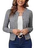 Damen Strickjacke Elegant Langarm Rundhals Cardigan Leicht Bolero Jäckchen mit Knöpfe Weiche Jacke über Top Kleid Grau,L