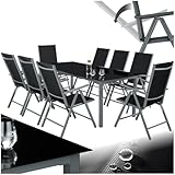 tectake® Aluminium Sitzgruppe 8+1, Gartenmöbel Set mit Stuhl und Tisch, klappbare Gartenstühle, Gartentisch mit Sicherheitsglas, wetterfeste Terrassenmöbel, für Garten Terrasse Balkon - anthrazit