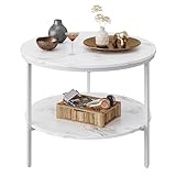 WLIVE Runder Couchtisch Weiß, Wohnzimmertisch Holz mit 2 Ebenen, Sofatisch mit viel Stauraum, für Wohnzimmer, Schlafzimmer, Modern Design (Couchtisch Rund, Marmor Weiß)