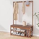 3-in-1 Bambus-Flurbank mit Schuhschrank, schmaler Holzkleiderschrank mit Haken & doppeltem Aufbewahrungsregal, stilvoller Eingangsbereich, Braun, perfekt für Eingangsbereich oder Schlammraum