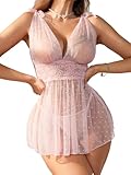 NLAND Babydoll Dessous für Frauen Sexy Babydoll V-Ausschnitt Spitze Nachtwäsche Frauen Damen Durchsichtige Dessous Schleife Unterwäsche Nachthemd Set mit G-String，Rosa Einheitsgröße