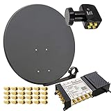 Premium X Satelliten-Komplettanlage 80cm Satellitenschüssel Anthrazit Multischalter 5/8 Quattro LNB 24 F-Stecker, 1 SAT für 8 Teilnehmer