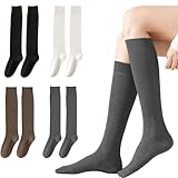 DIFLAX Kniestrümpfe Damen, 4 Paare Baumwolle Kniestrümpfe, Lange Socken Damen, Reitsocken, Klassisch Strümpfe, Weiße/Graue/Braune Strümpfe, Für Alltagsgebrauch, Herbst, Winter