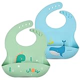 Vicloon Silikon Baby Lätzchen, 2 Stück Baby Lätzchen mit Auffangschale, BPA Frei, Einfache Reinigung, Wasserdicht Silikon-lätzchen für Jungen Mädchen, Blau Dinosaurier-Grün Wal