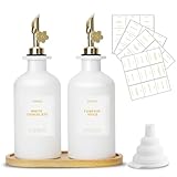 sunal Olivenöl Spenderflaschen mit Tablett,2er pack Olivenöl Spender Set,350ml/11,8 oz Glas Öl und EssigSpender Set mit beschwertem Ausgießer und wasserfestem Etikett&Silikon Trichter,weiß
