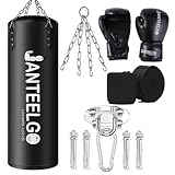 Boxsack Hängender Typ und Ungefüllter Boxsack Erwachsene JanTeelGO 100cm Langlebig PU-Leder mit Montagekette und Deckenhaken für MännerDamen Jugendliche，MMA Kickboxing Muay Thai Karate Schwarz