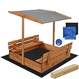 Sandkasten Holz 120x120 cm mit klappbaren Sitzbänken & Rückenlehnen – Outdoor Kindersandkiste mit Abdeckplane & Bodenvlies – Wetterfest & sicher – SPRINGOS