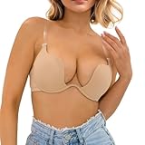 Damen Low Plunge Push-Up-BH mit transparenten Trägern, tief geschnitten, umwandelbar, Bügel, gepolsterter Dekolleté-BH(D013+D259,Beige,38B)