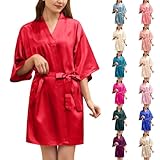 Kurzer, leichter Damen-Bademantel, superweicher Kimono-Bademantel, für Hochzeit, Party, 3/4-Ärmel, Nachtwäsche, bequemer Satin-Morgenmantel, Shorts, Stil mit schräg, grün, M