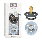 BIBS Colour Symmetrical Schnuller 2er Pack, BPA-frei Dummy-Schnuller, Symmetrischer Nippel. Naturkautschuk/Latex, Hergestellt in Dänemark. 0-6 Monate (2er Pack), Iron/Baby Blue