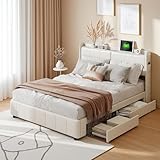 Polsterbett, Doppelbett, 160 x 200 cm mit 4 Schubladen, Polsterbett 160 x 200 cm mit USB-Anschluss, Aufbewahrungsbett mit Lattenrost, Doppelbett für Erwachsene und Jugendliche (Weiß, 160 x 200 cm)