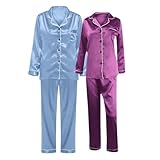 Schlafanzug Damen Mit Knöpfen Lang, Pyjama-Set Bequeme Weicher Hauskleidung Einfarbiger Top Mit Taschen Und Pyjamahose Leicht Freizeitanzug Zweiteiliger Lässig Schlafanzüge Weites Homewear