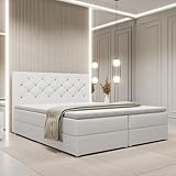FurniDe24 Boxspringbett mit 2 Bettkästen und Taschenfederkernmatratze H3, Bett mit Zierknöpfen am Kopfteil, Topper-Matratze 3cm, verstärkter Rahmen, weiß Plüsch, 180x200cm - Fano