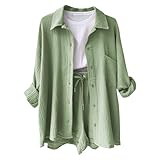 Musselin Zweiteiler Damen Outfit Set Musselin Bluse Shorts Musselin 2 Teiler Kleidung für Damen Elegant Strand Urlaub Loungewear Set Freizeitanzug Leicht Two Piece Mit Oberteil (01 Green-2, XXL)