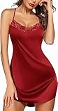 Avidlove Damen Nachthemd Satin Sexy Negligee Kurz Ärmellos Babydoll Nachtwäsche Spitze Nachtkleid Dessous Set Sommer Sleepwear Weinrot1 S