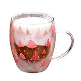Doppelwandige Glas-Kaffeetasse, 340 ml, hitzebeständig, isoliertes klares Glas mit Griff, rotes Baum-Muster, Urlaubs-Trinkgeschirr, für Zuhause, Küche, Tee, Kaffee, Milch, Wintermorgen