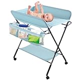 Wickeltisch 3 in 1, multifunktional, für Babys, faltbar und sehr stabil, mit Rollen, höhenverstellbar, ausgestattet mit Sicherheitsgurten und einem großen Aufbewahrungskorb, maximale Belastung 14 kg