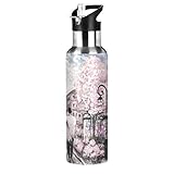 JUMBEAR Acuum Wasserflasche mit roten Herzen, isoliert, Edelstahl, auslaufsicher, breite Öffnung mit Strohhalm-Deckel für Fitness, Fitnessstudio und Outdoor-Sport, 625 ml