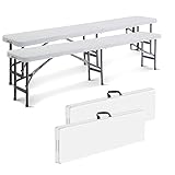 Todeco klappbarer Gartenbank 2er Set 183 x 43 x 30 cm, Bierbank Metall, Partybank für Camping BBQ Party Buffet Hochzeit, Weiß