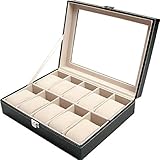 GAAHRQQQ Uhren-Aufbewahrungsbox, Uhrenkasten, PU-Kunstleder, 10 Uhren-Display-Box, Glas, transparente Oberseite zur Aufbewahrung von Uhren und Schmuck (Farbe: Schwarz, Größe: 25 x 20 x 8 cm)