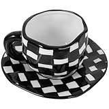 TOPPERFUN Karierte Kaffeetasse mit Untertasse aus Keramik Glatter Rand Vielseitig für Kaffee Tee Saft Satz für Zuhause Café und Büro