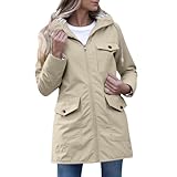 LIANGTUOHAI Winddichte und wasserdichte Damenjacke mit Reißverschluss, Übergangsjacke, mehrere Taschen, Outdoor, leicht, Kapuzenjacke, Damen, Langarm, modisch, Fahrradjacke, lässig, große Größe, kaki