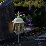 Grablaterne mit beiger LED Kerze Grablicht mit 2 wechselbaren Spitzen (Kugel, Kreuz) und Erdspieß Grableuchte Grablampe Friedhofslaterne Gartenlaterne weiß (Laterne mit Kerze/Typ3)
