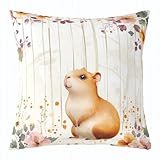 Homewish Karikatur Capybara Kissenbezug Botanische Blumen Kissenhülle für Kinder Mädchen Jungen Jugendliche,Holzmaserungs Linien Kissenbezüge 60x60cm Pflanze Blätter Dekor Weich Bequem Kissenbezug