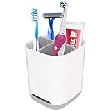 MOGADEE® Zahnbürstenhalter, Toothbrush Holder, Herausnehmbarer Bad-Zahnputzbecher Kunststoff mit Abflussloch, 2 Zahnbürstenfächer + 1 Ablagebecken, Rutschfester Boden (Grau)