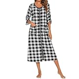 Langärmeliges Nachthemd für Damen, Übergröße, U-Ausschnitt, mit Taschen, leichtes Nachthemd, klassisch, kariert, Loungewear, lockere Passform, lässiger Schlafanzug, weiß, L