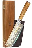 YOUSUNLONG Nakiri Messer asiatische Gemüsemesser 175mm - Ultra Sharp -japanische handgefertigte Kupfer Damaszener Stahl Küchenmesser Kochmesser - Naturel Burl Holzgriff mit Akazienholz Box und Leder