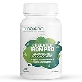 Ambrosial Chelatiertes Eisen Pro mit Folsäure, Vitamin C, Vitamin B12 und Zink | Chelatisierte Eisentabletten für Männer und Frauen | 120 vegetarische Tabletten