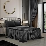 AiMay 4-teiliges Satin-Bettwäsche-Set für King-Size-Betten, tiefe Taschen, schwarz, luxuriös, seidig, superweich, 1 Bettlaken, 1 Spannbetttuch, 2 Kissenbezüge, knitterfrei (Schwarz, King-Size)