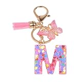 YPYMOD Lnitialen Schlüsselanhänger Quaste Schmetterling Pailletten Liebe Brief Schlüsselanhänger,Rosa(M)