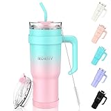 MOMSIV 40oz Thermobecher mit Stroh und Griff, 1100ml Kaffeebecher, Doppelwandiger Edelstahl Vakuum Auslaufsicher Isolierbecher Autobecher für Kalte Heiße Getränke, Grün-rosa