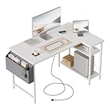 Mericonia Kleiner L-förmiger Schreibtisch mit Steckdosen, 100 cm L Computer-Eckschreibtisch mit umkehrbaren Regalen, Gaming-Schreibtisch, Schreibtische fürs Homeoffice, weiß