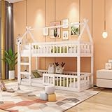 Etagenbett 90x200, Kinderbett Hochbett für 2 Kinder, Hausbett mit Treppe und Tür, Kinderhochbett mit Rausfallschutz und Lattenrost, Bettgestell Stockbett Familienbett Loft Bett, Massivholz, Weiß
