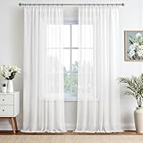 EMEMA Gardinen Vorhänge mit Kräuselband Vorhang Transparente Gardine aus Einfarbig Transparent Sheer Voile Wohnzimmer Luftig Dekoschal für Schlafzimmer 2er Set 245 x 140cm (H x B) Weiß