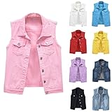 HUIFUAO Ärmellose Denim-Jacken für Damen, Übergröße, Jeans-Weste, Knopfleiste, Revers, Weste, Tanktops mit Tasche, Vintage-Weste, Hellblau, M