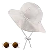 SREBIWO Baby Sonnenhut und Sonnenbrille, 52 cm Sommerhut Kleinkind Unisex mit Verstellbarem Bindebändern und Breite Krempe Verstellbarer Faltbare Baumwolle Atmungsaktiver Strandhut