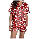 Nachthemd Sexy Kurz für Damen mit Weihnachtsdruck, Seidensatin, kurzärmliges Oberteil Knopfleiste und Shorts Karierte Schlafanzughose(Rot,L)