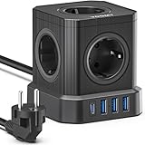 Voomy 9-in-1 Mehrfachsteckdose Mit USB, Steckdosenleiste 4000W, 2M Verlängerungskabel, Steckdosenwürfel, Mehrfachstecker Schalter, Steckerleiste, Verteilersteckdose, Mehrfachsteckdose USB C, Schwarz