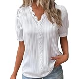 Damen Bluse Weiß Boho Spitze Oversize T-Shirt Tops Elegant Frühling Sommer V-Ausschnitt Kurzarm Oberteile Tunika White L