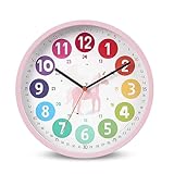 DASIAUTOEM Uhren für Kinder, Lernuhr ohne Tick Geräusche, Farbenfrohe Wanduhr 10 Zoll für Kinderzimmer und Klassenzimmer (Einhorn)