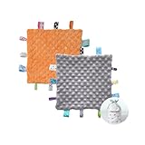 CREVENT Tag Sicherheitsdecken für Babys, weiche kleine Lieben für Mädchen, Baby-Tröster, sensorische Decke, tolles Geschenk für Geburtstag, Babyparty, 25,4 x 25,4 cm (Grau + Orange)