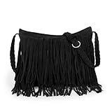 Adistylinno Fringe Crossbody Handbag Damen, große Quasten Damen Umhängetaschen Multifunktionale Schultertasche mit gewebtem Schultergurt Wildleder Handtasche für tägliche Reisen (Schwarz)