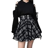 Damen Mini-Faltenrock, kariert, hohe Taille, Gothic-Stil, A-Linie, zum Schnüren,Schwarz,40