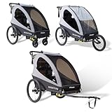 X-lander 3in1 Kinderanhänger Booster 2 Fahrradanhänger 2 Kinder Buggy Laufkinderwagen bis 45kg Kinderfahrradanhänger zusammenklappbar Komplettset Federung