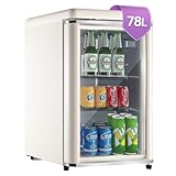 DRIXNO Retro Kühlschrank Getränkekühlschrank 78L mit Chromleiste, Klein Kühlschrank mit Glastür Eingebautes LED-Licht, Verstellbare Einlegeböden, 43dB leiser Betrieb, Geeignet für Haus, Büro, Beige